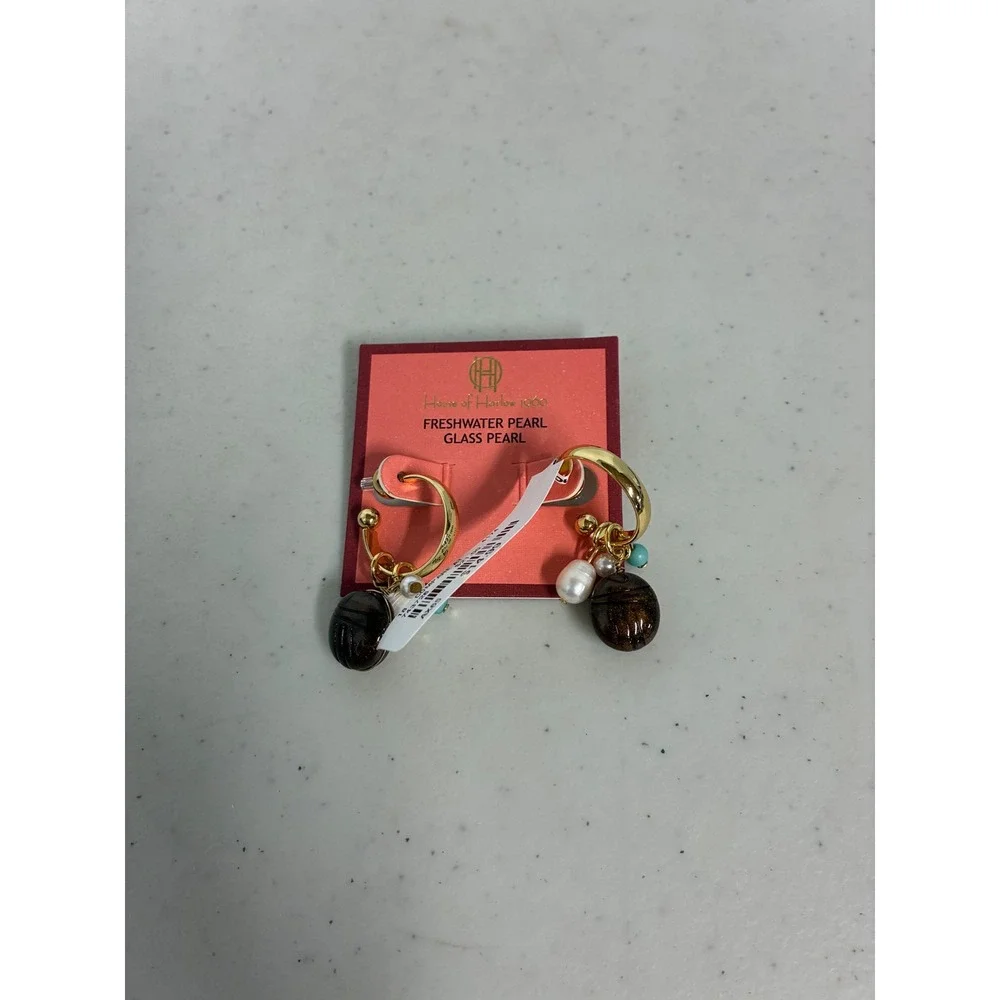 House of Harlow Gold Tone Freshwater Pearl Glass Pearl Scarab‎ Hoop Earrings NEW